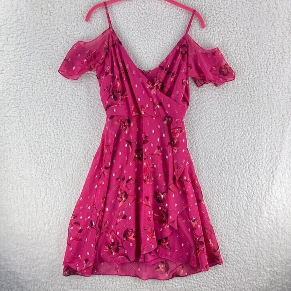 White House Black Market Pink Cold Shoulder Ruffle Dress‎ Womens Floral Size 2 - Picture 1 of 14